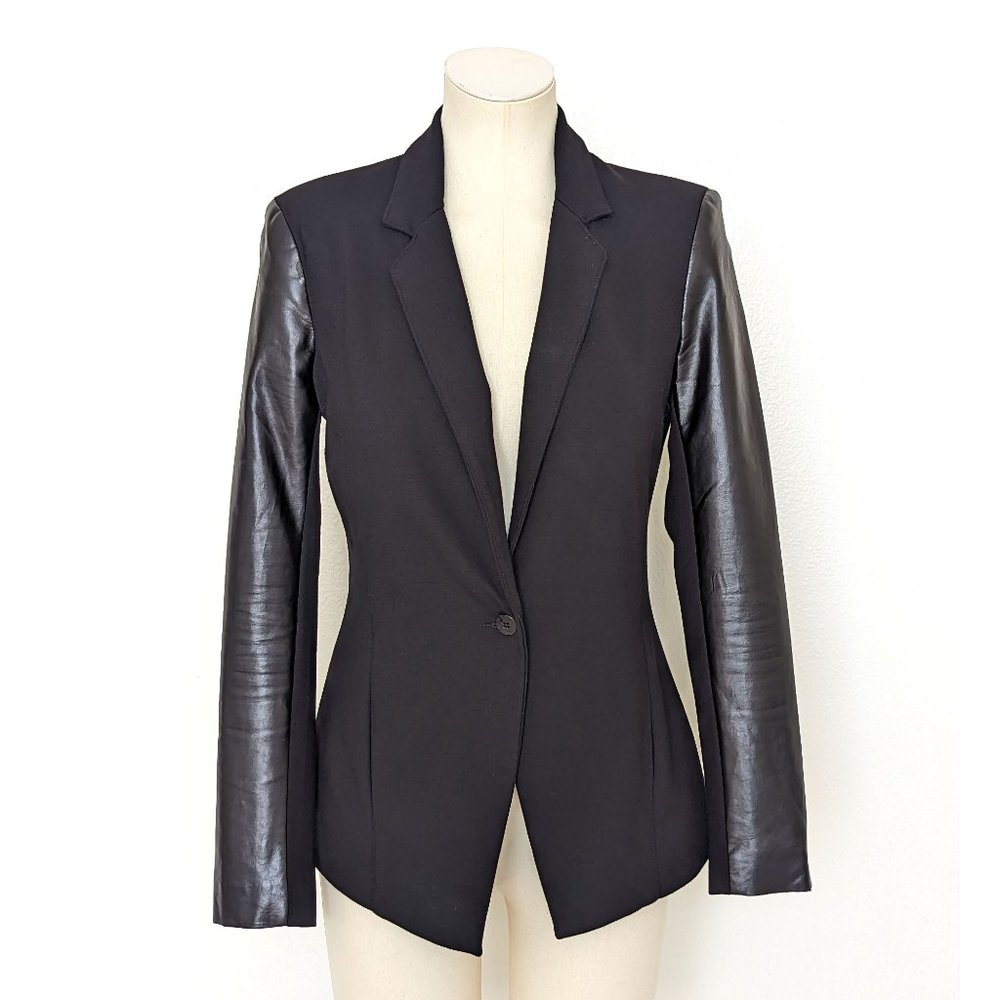 Kenneth Cole Black Single Breasted Contrast Vegan Leather Sleeves Jacket Blazer